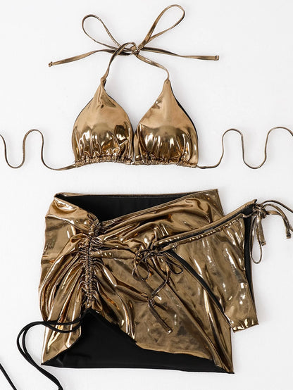 Lady's 2025 Summer Hot 3 pezzi vestito in pelle oro lucido costume da bagno bikini brasiliano con mini gonna increspata abiti da spiaggia sexy