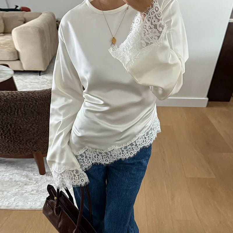 Top Casual con Inserti in Pizzo e Lacci, Pullover da Donna Slim con Cintura in Vita e Collo Tondo, Nuova Collezione Primavera 2026