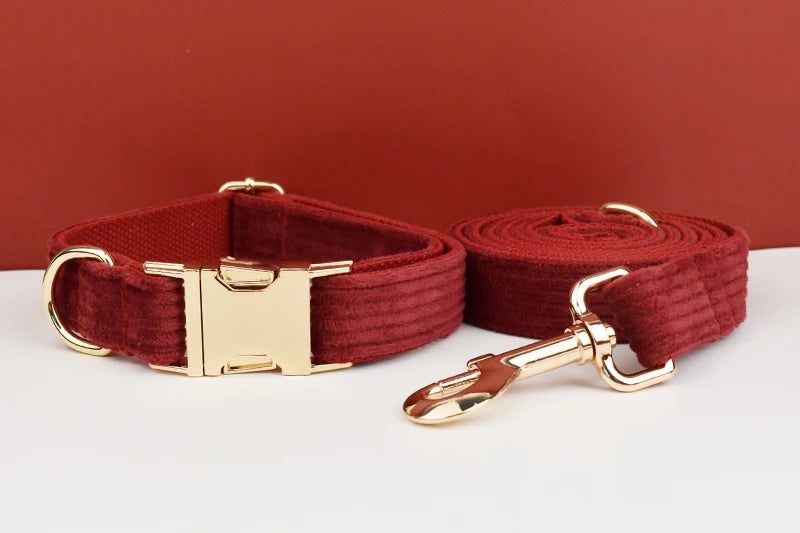 Set Collare e Guinzaglio per Cani in Corduroy Rosso Vino con Targhetta Personalizzata Incisa, Accessori per Animali Domestici