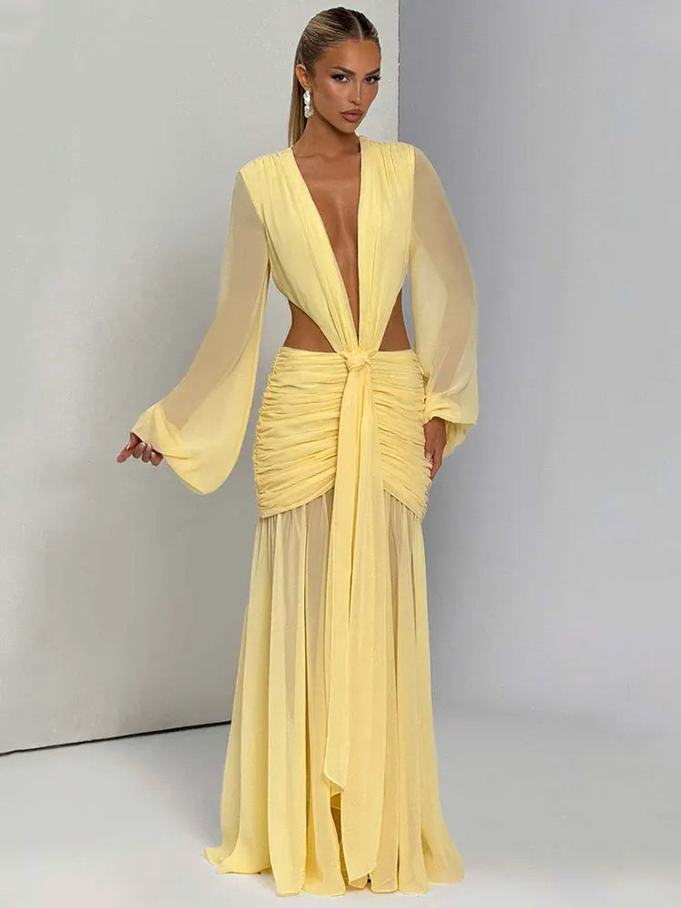 GACVGA Abito lungo elegante in chiffon per donna Nuovi abiti con maniche a lanterna Abiti lunghi aderenti da club sexy pieghettati