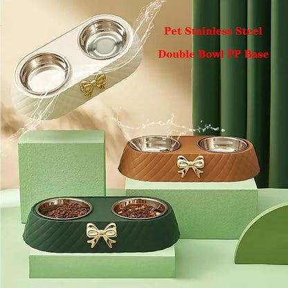 Forniture per animali domestici Papillon Bowknot Ciotola per cibo per gatti Base in PP Ciotola per cani Doppio accessorio per animali domestici in acciaio inossidabile Alimentazione Bere Doppia ciotola