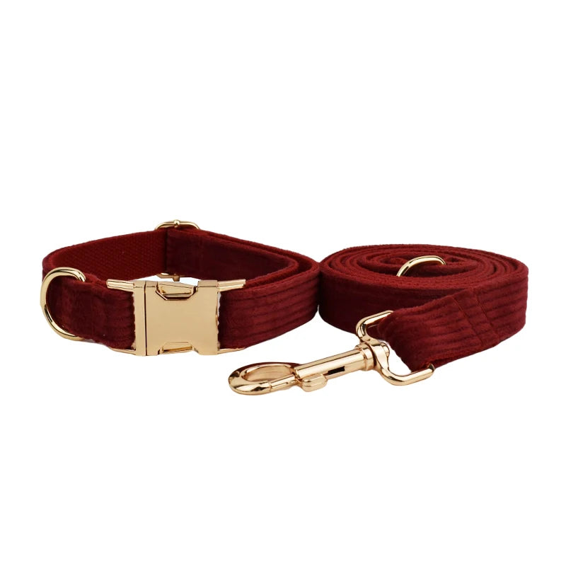 Set Collare e Guinzaglio per Cani in Corduroy Rosso Vino con Targhetta Personalizzata Incisa, Accessori per Animali Domestici