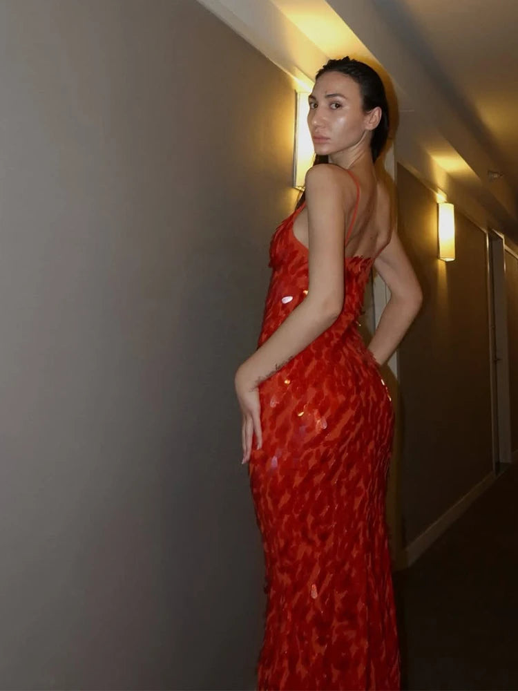 Abito lungo da donna con paillettes Abito lungo con scollo a V Solido Backless Vita alta Abiti senza maniche 2025 Moda Nuova estate Lady Party Robes