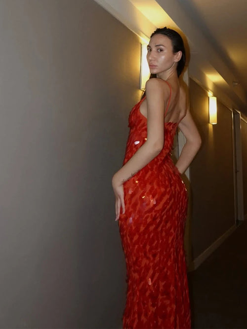Abito lungo da donna con paillettes Abito lungo con scollo a V Solido Backless Vita alta Abiti senza maniche 2025 Moda Nuova estate Lady Party Robes