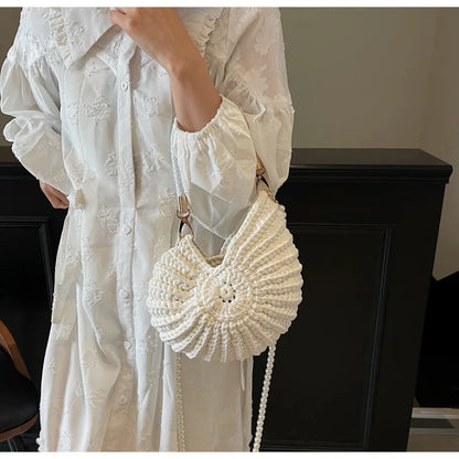 Borse a tracolla da donna all'uncinetto a forma di conchiglia creativa Divertenti catene di perle carine Borsa a tracolla in tessuto fatto a mano Novità piccole borse