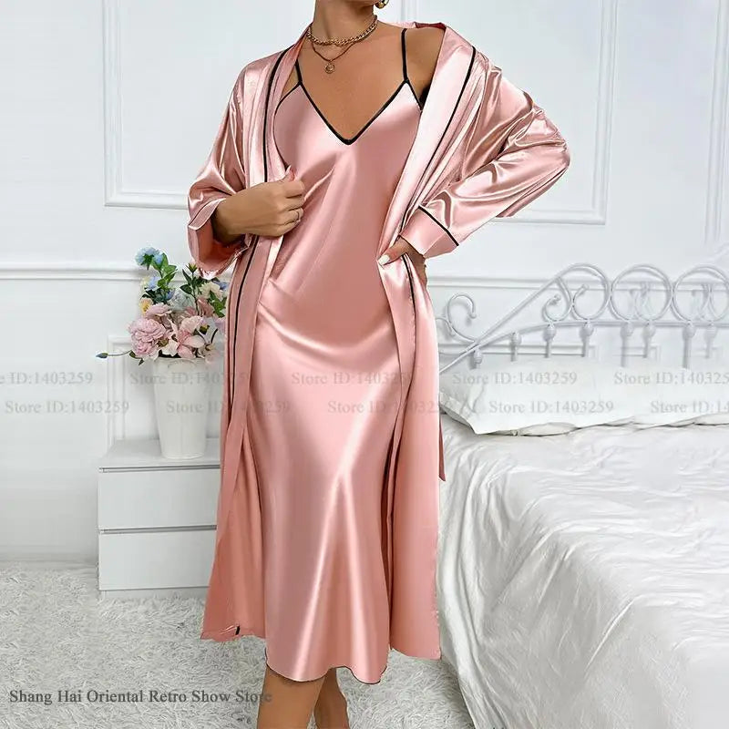 Set di vestaglia lunga sexy Twinset Chemise Camicia da notte da donna Indumenti da notte Estate Raso di seta Abito da casa Indumenti da notte Allentati Abbigliamento da salotto Lingerie