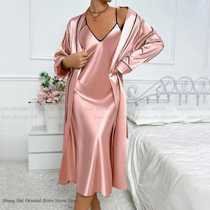 Set di vestaglia lunga sexy Twinset Chemise Camicia da notte da donna Indumenti da notte Estate Raso di seta Abito da casa Indumenti da notte Allentati Abbigliamento da salotto Lingerie