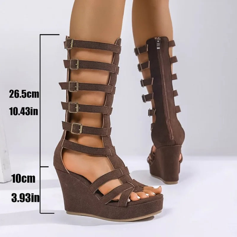 Sandali con plateau da donna estivi Scarpe basse scavate alte taglie forti Scarpe da donna con fibbia per cintura Sandali con zeppa romana con suola morbida da donna
