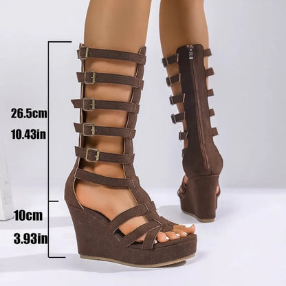 Sandali con plateau da donna estivi Scarpe basse scavate alte taglie forti Scarpe da donna con fibbia per cintura Sandali con zeppa romana con suola morbida da donna
