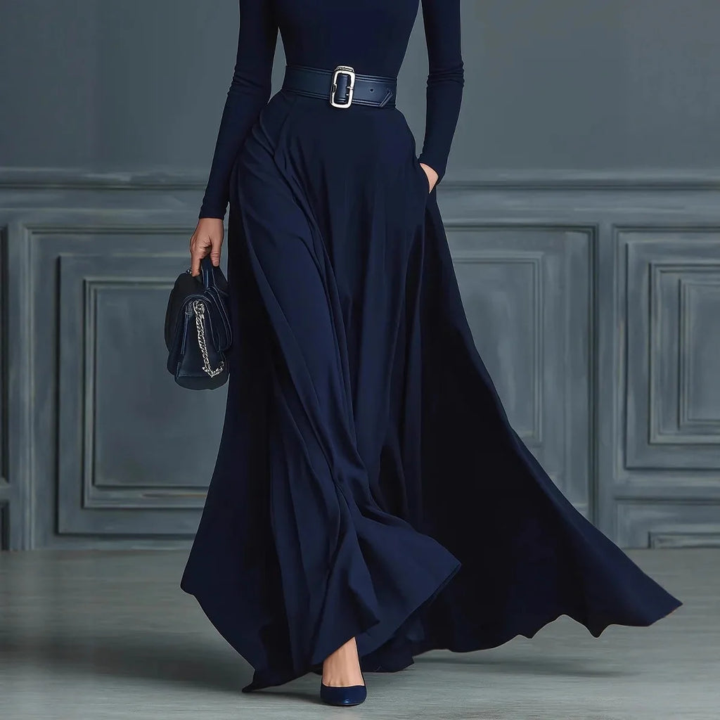Abito Cerimonia Donna Tinta unita Collo alto Manica lunga Vita Abito Donna Autunno Inverno Orlo Abito lungo Abiti Formales Mujer