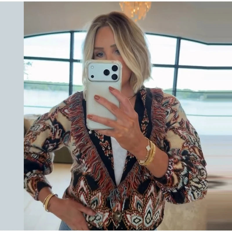 Cardigan in maglia con stampa Boho da donna Top con frange e cintura maglione a maniche lunghe con lacci 2025 Nuovo outfit capispalla High Street