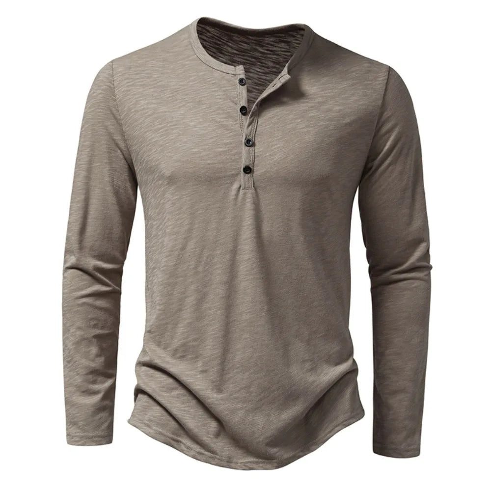 Camicia da uomo in cotone con bottoni e collo a Henley, manica lunga, bottoni casual, tinta unita, magliette alla moda