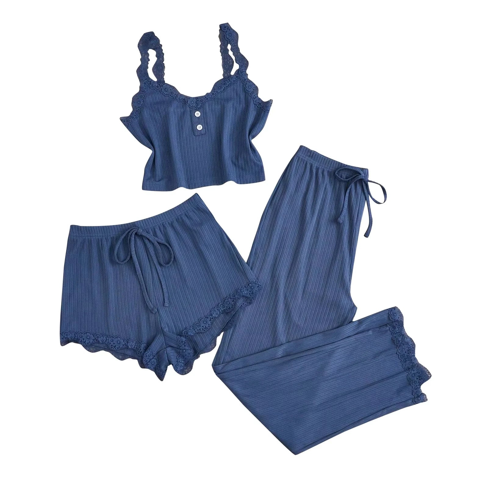 Nuovo 2025 Set pigiama estivo da donna 3 pezzi Pantaloncini e pantaloni con gilet solido abbinati con giunture in pizzo per set di indumenti da notte sexy per la casa