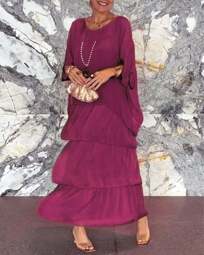 Abiti eleganti da donna in chiffon solido Primavera Autunno O-Collo Abito femminile con volant a strati Mezza manica Torta Abito lungo da vacanza al mare