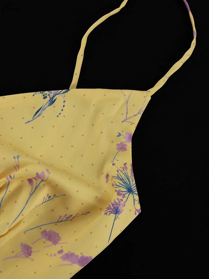 Oymimi Abito da donna casual con stampa gialla Elegante cinturino per spaghetti Abiti aperti sul retro Abito alla caviglia a vita alta moda autunnale
