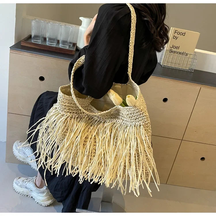 Borse a tracolla da donna in tessuto con nappe casual Borse da donna con frange fatte a mano Borsa tote grande da spiaggia estiva Borsa shopper grande per le vacanze