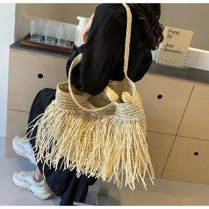 Borse a tracolla da donna in tessuto con nappe casual Borse da donna con frange fatte a mano Borsa tote grande da spiaggia estiva Borsa shopper grande per le vacanze