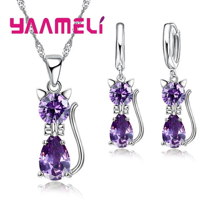Set di gioielli in vero argento sterling 925 per donna ragazza brillante cristallo austriaco collana con ciondolo gatto carino orecchino Huggie