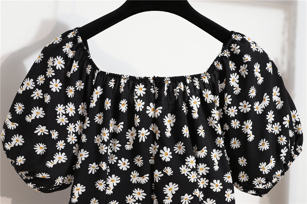 Mini abiti da donna Moda estiva Abiti femminili Stampa Abiti in chiffon floreale Abito casual con maniche corte a pieghe arricciate