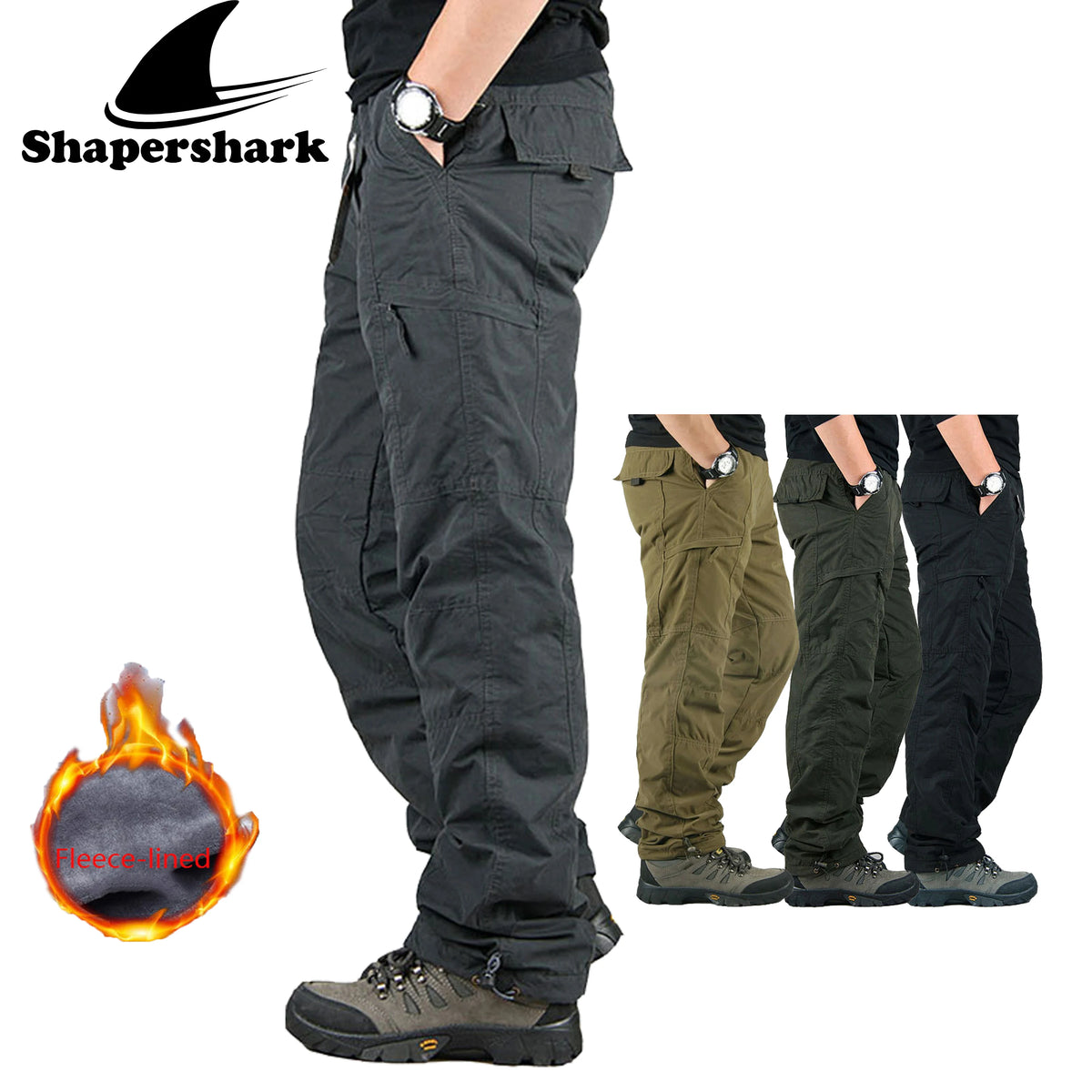 Shapershark Pantaloni da lavoro foderati in pile da uomo per l'autunno/inverno Pantaloni foderati in cotone caldo Pantaloni sportivi tinta unita Design multitasche