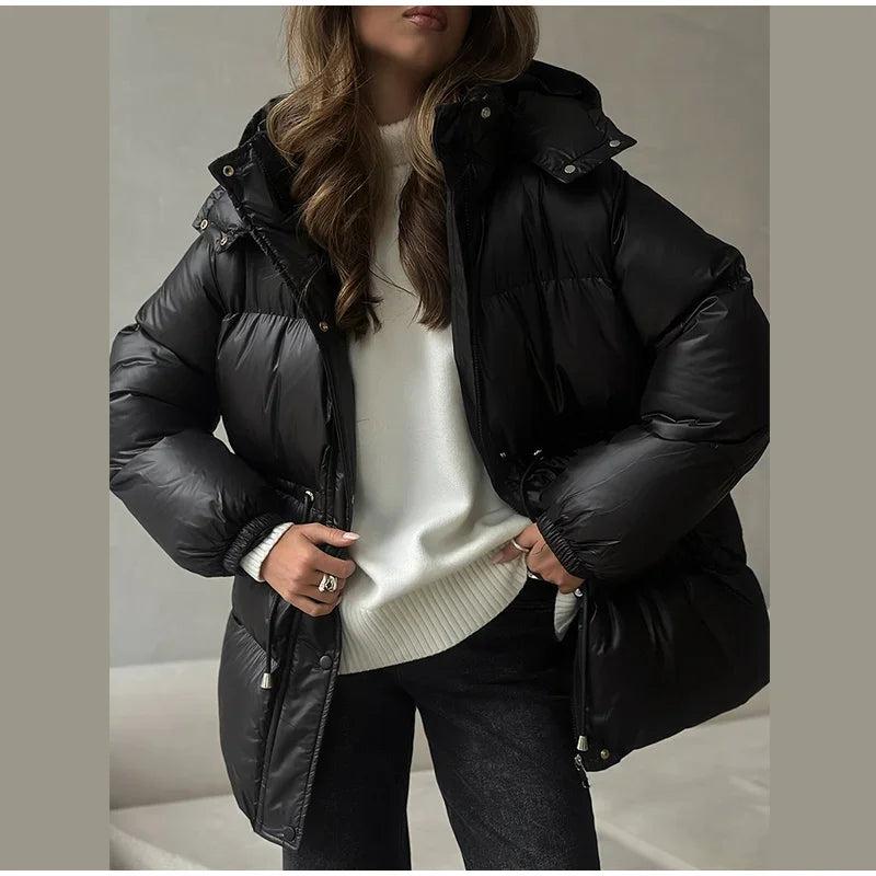 Giacca invernale da donna con cappuccio, calda, con cintura in vita regolabile, maniche lunghe, chiusura con zip, cappotto imbottito da donna, moda 2026, parka spessa da donna