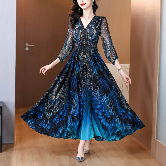 Vacanza primaverile Boho Beach Hepburn Maxi Abiti 2025 Stampa vintage da donna Elegante abito da sera estivo in seta di lusso