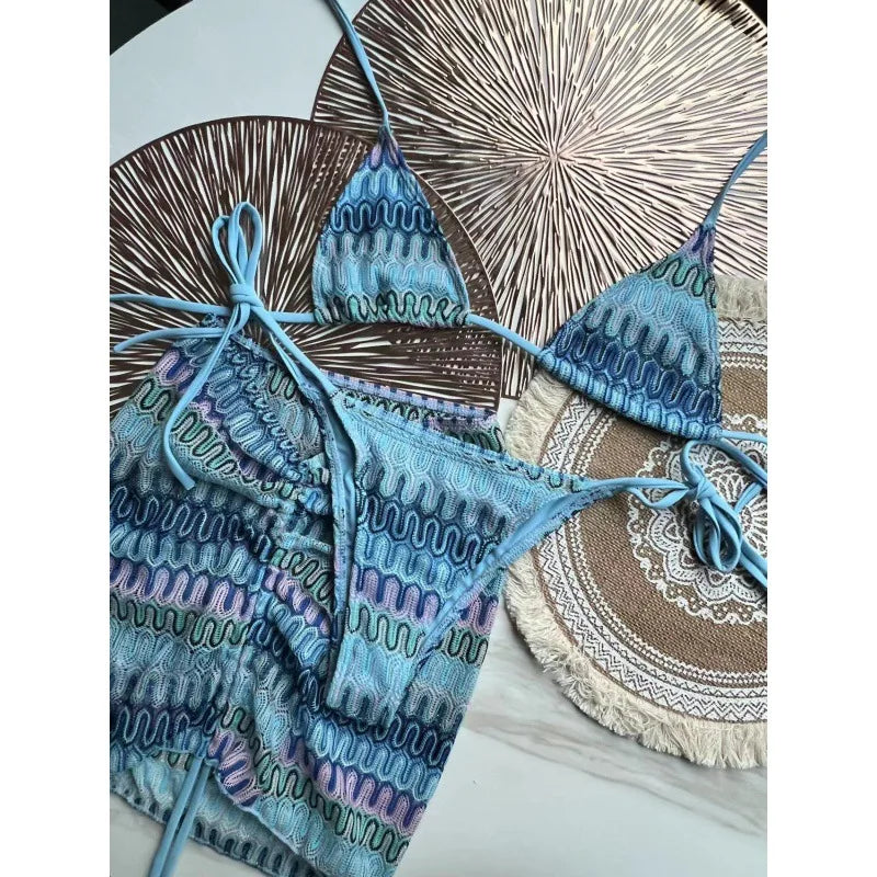 Costume da bagno estivo da donna nuovo, bikini lavorato a maglia in 3 pezzi con costumi da bagno con copertura avvolgente e scollo all'americana per le vacanze al mare