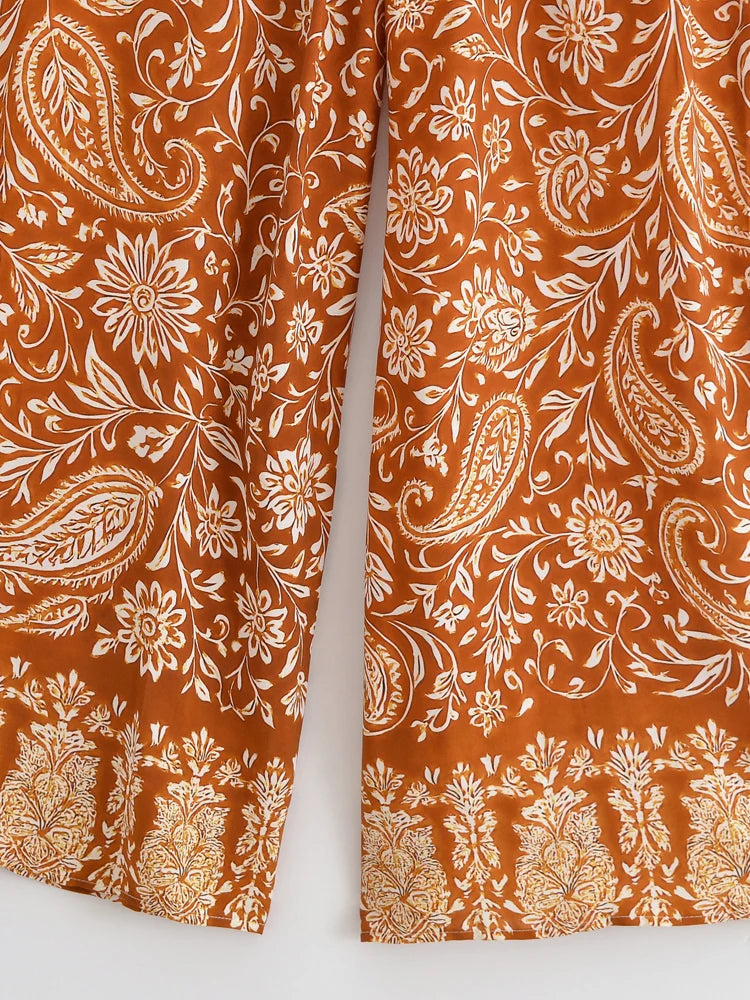 Boho Queens Donna Abiti con stampa floreale marrone Kimono Abito Abiti bohémien Pantaloni a gamba larga 2 pezzi Rayon Boho Set costume da bagno
