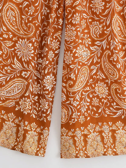 Boho Queens Donna Abiti con stampa floreale marrone Kimono Abito Abiti bohémien Pantaloni a gamba larga 2 pezzi Rayon Boho Set costume da bagno