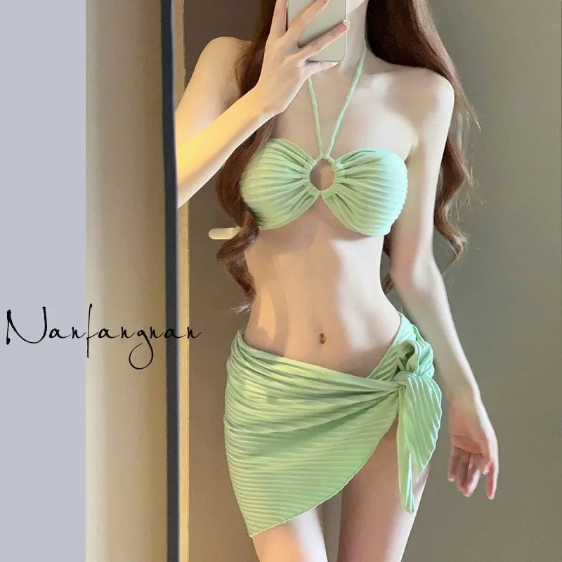 Maillot de bain bikini de couleur unie pour femme, ensemble trois pièces, natation, sports aquatiques, triangle, sexy, haut de gamme, sources chaudes