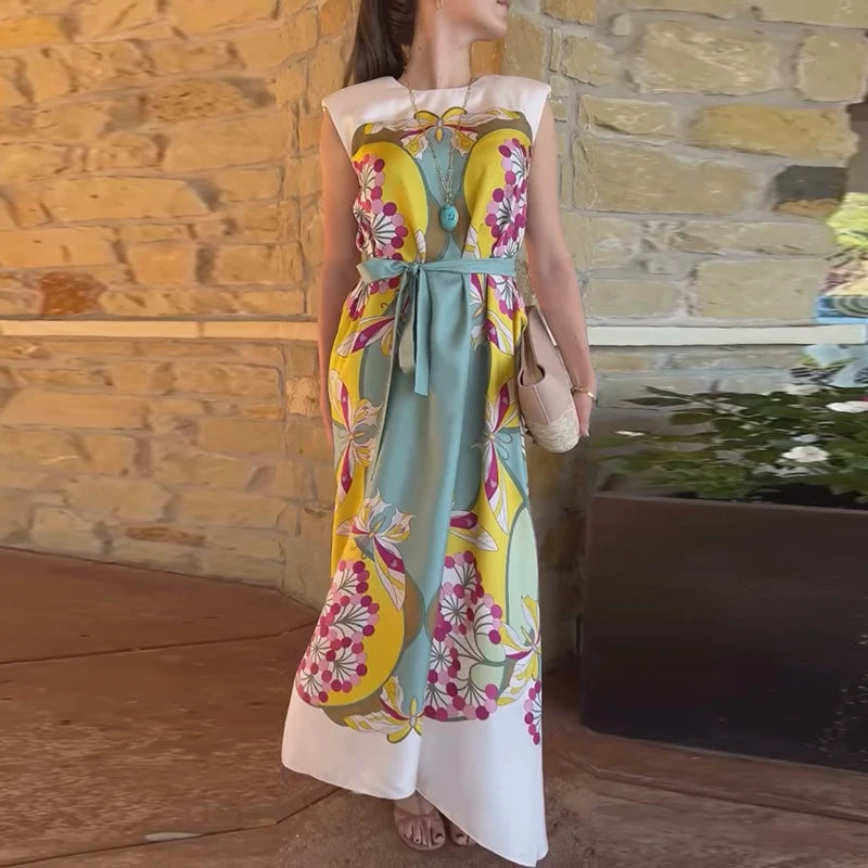 Abito Lungo da Donna con Stampa, Scollo a V, Maniche a Campana, Bordo a Foglia di Loto, Vita Alta, Vestito Maxi Aderente, Elegante Abito da Sera per Feste