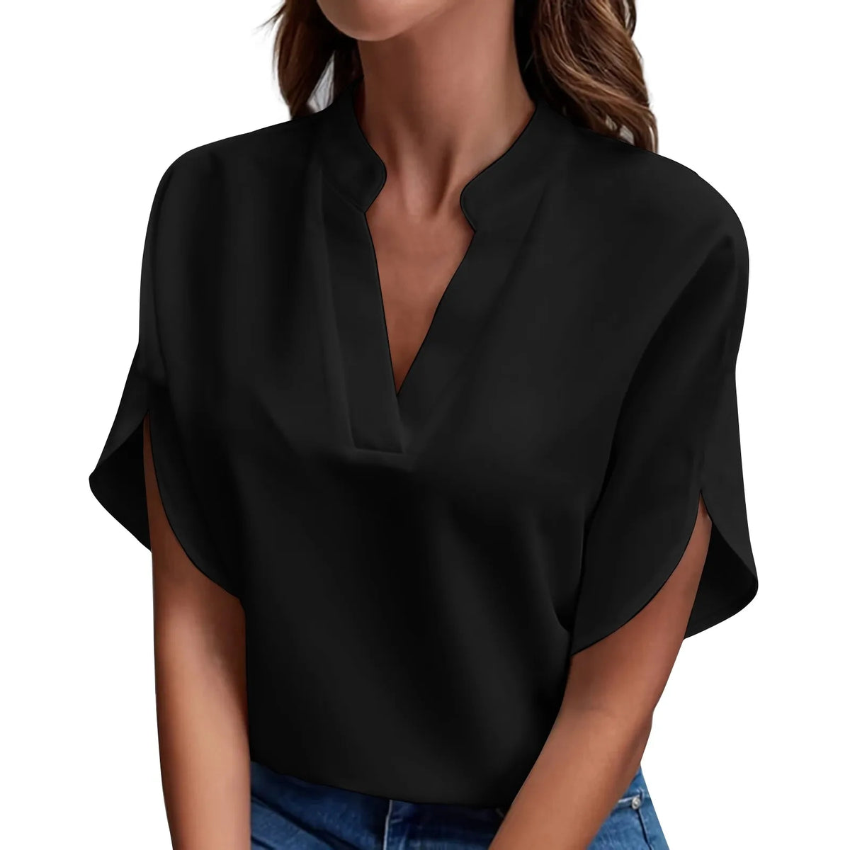 Hauts d'été pour femmes Blouse 2024 Mode Manches courtes Unies Col en V Chemises et blouses amples Élégantes Dames Hauts blancs