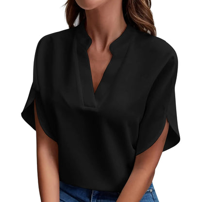 Hauts d'été pour femmes Blouse 2024 Mode Manches courtes Unies Col en V Chemises et blouses amples Élégantes Dames Hauts blancs