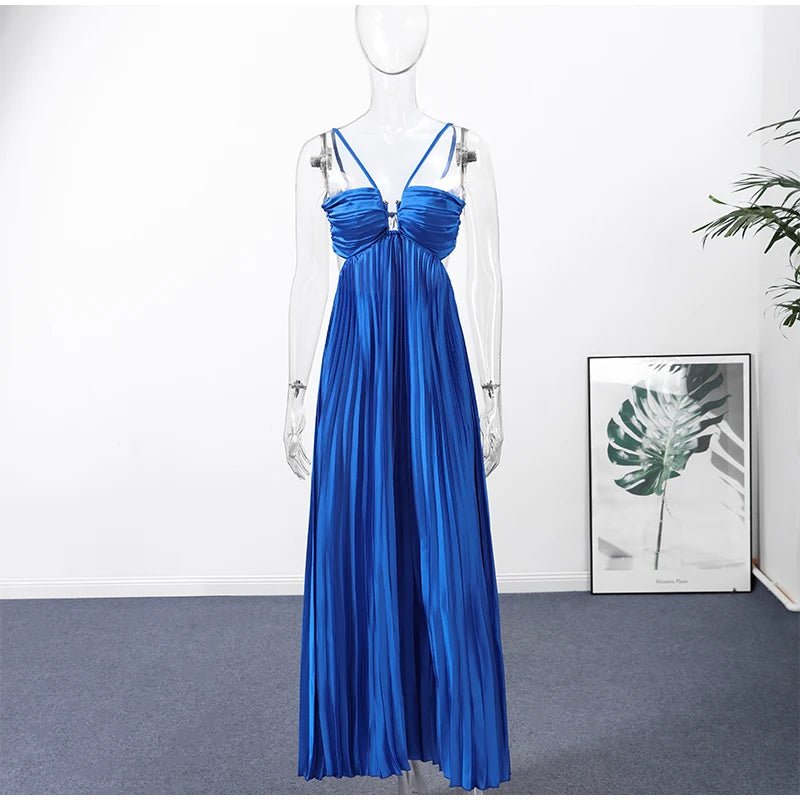 Abito Lungo Estivo da Donna con Scollo all'Americana e Pieghe, Senza Schienale, Senza Maniche, Blu, per Vacanze al Mare, Moda Femminile 2026, Vestito a Trapezio