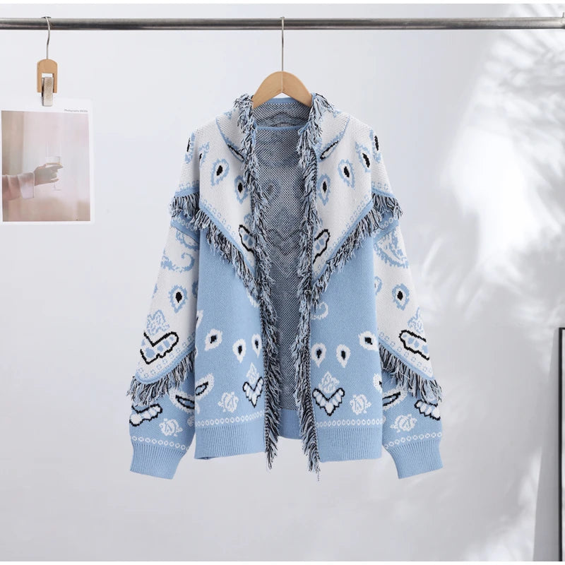 Cardigan Jacquard Lavorato a Maglia, Nuova Collezione Autunno 2026, Maglione Casual da Donna con Collo Alto e Maniche Lunghe, Cappotto in Maglia Stampata Larga