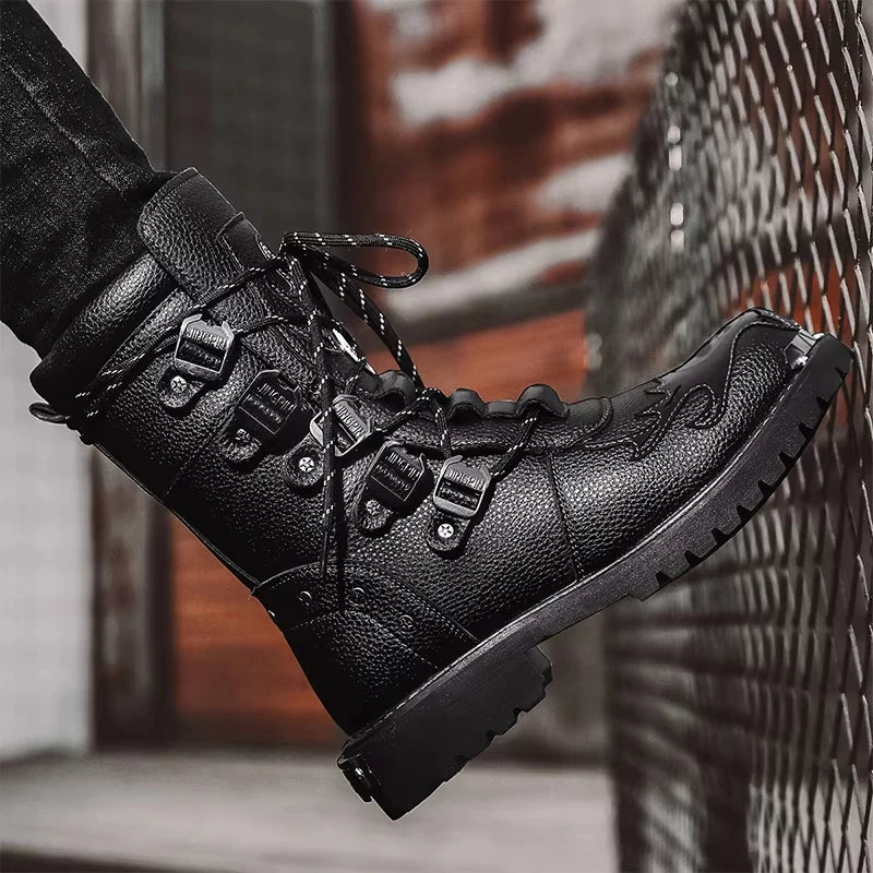 Men's Motorcycle Boots Outdoor Boots Four Season Fashion Cycling Shoes High Top Mens Casual Boot PU Leather Boots Plus Size 46