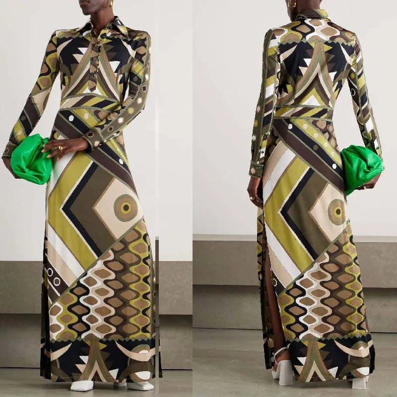 Donne eleganti autunno inverno stampa geometrica posizionamento bavero abito slim fit abiti maxi da festa con spacco a maniche lunghe alla moda