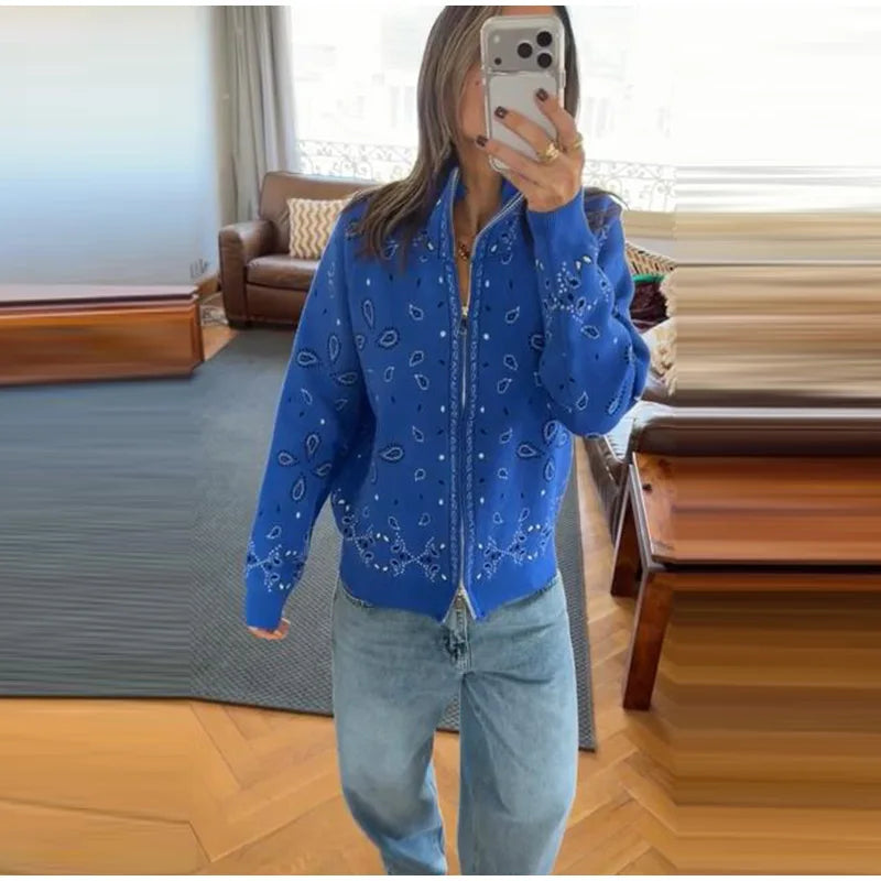 Giacca in maglia con stampa paisley per donna, colletto alto, maniche raglan, chiusura a zip, tasca frontale, cardigan autunnale 2026, giacca retrò ampia.