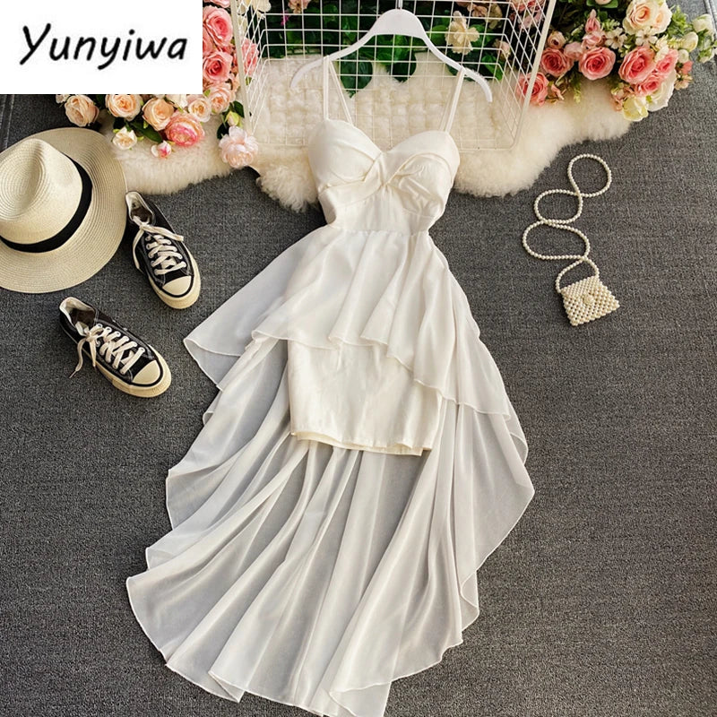Ins Fashion Slim abito da donna asimmetrico a vita alta 2021 nuova estate elegante bianco nero abito da festa abiti da donna