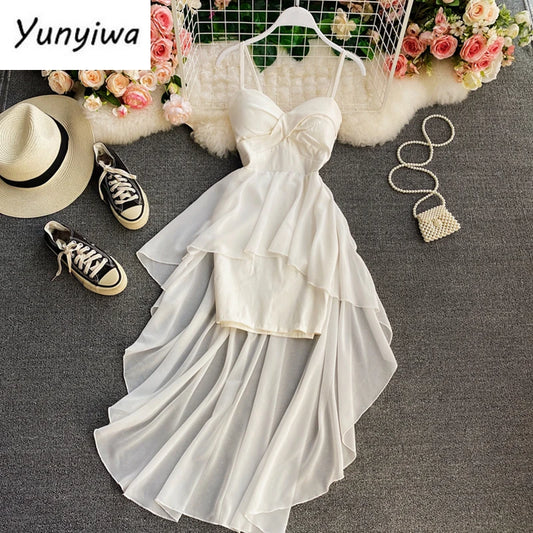 Ins Fashion Slim abito da donna asimmetrico a vita alta 2021 nuova estate elegante bianco nero abito da festa abiti da donna