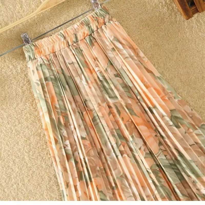 Nuova primavera e l'estate stile donna vita alta elastico stampato Chiffon pieghettato a-line gonna alla moda confortevole tutto-fiammifero