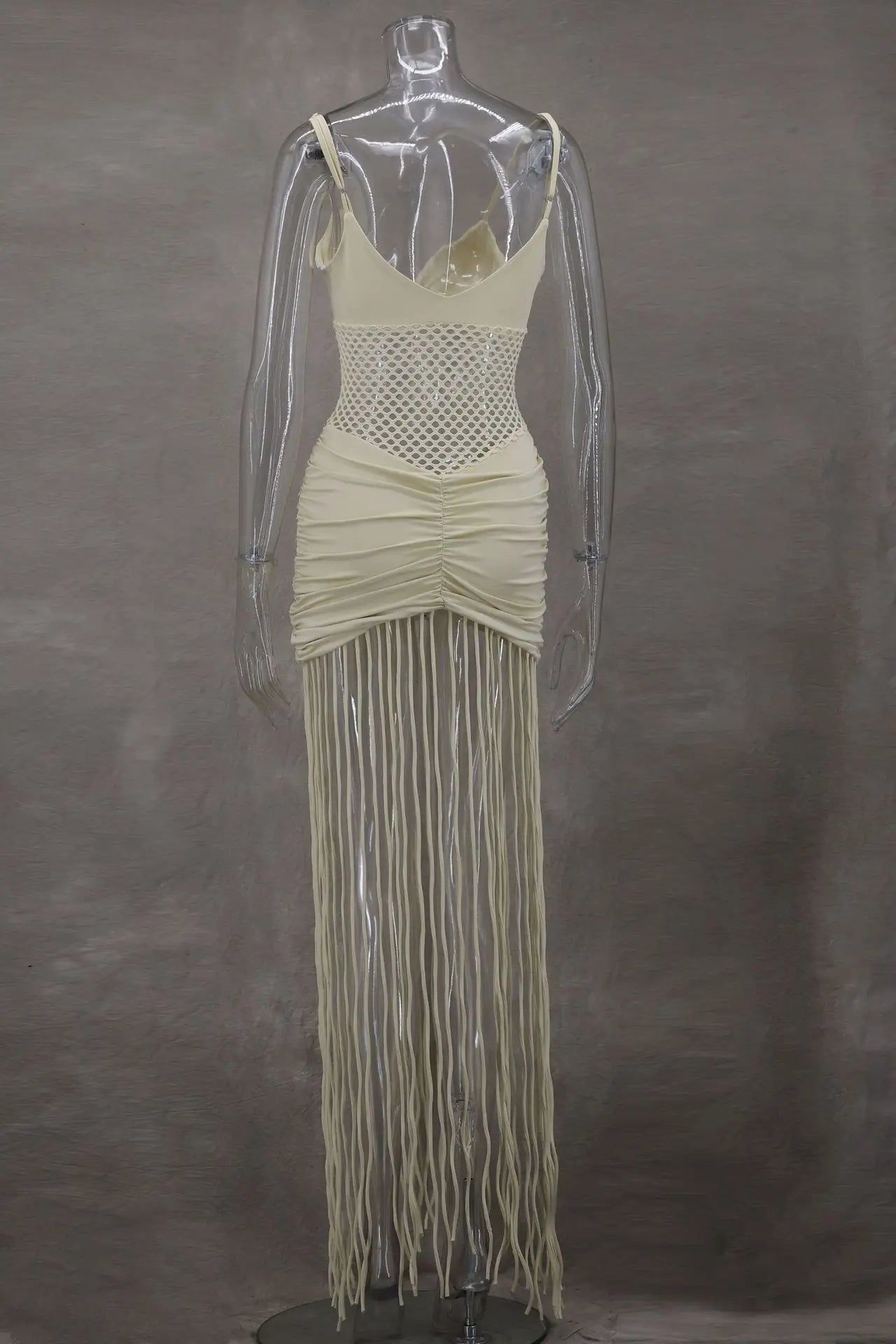 Abito con fionda con giunture sull'orlo con nappa Abito da donna sexy con vita scava fuori Abiti aderenti pieghettati elasticizzati Abito da spiaggia estivo solido femminile