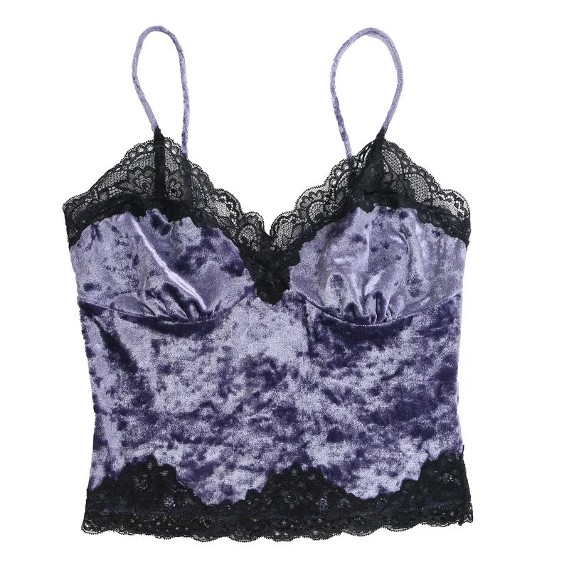 Summer New Sexy Spicy Girl Patchwork Women's Halter Tops Gothic Dark Court Vintage Style Velvet Lace Design Chic Woman Clothing