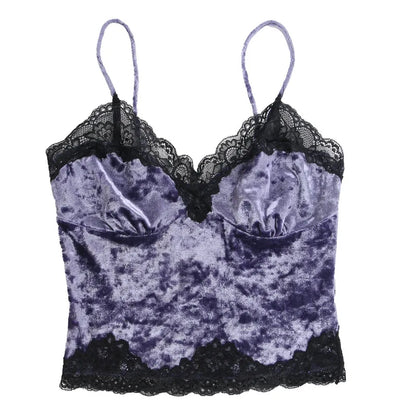 Summer New Sexy Spicy Girl Patchwork Women's Halter Tops Gothic Dark Court Vintage Style Velvet Lace Design Chic Woman Clothing
