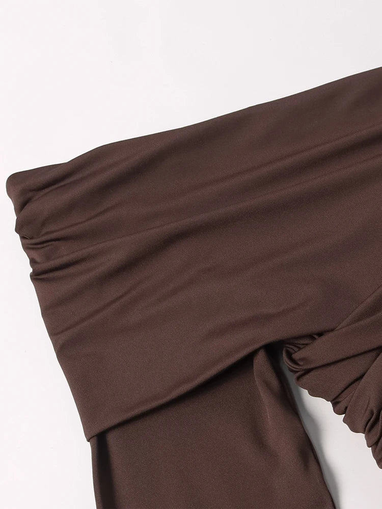 NewAsia Abito lungo da donna a maniche lunghe con collo asimmetrico e monospalla increspato aderente Fashion Club Party Maxi abiti Marrone Autunno