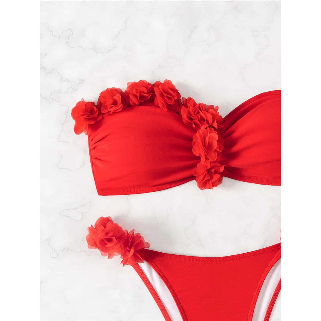 XS - L Fiori 3D Bikini a fascia taglio alto Costumi da bagno donna Costume da bagno femminile Bikini a due pezzi Costume da bagno bagnante Costume da bagno V5961