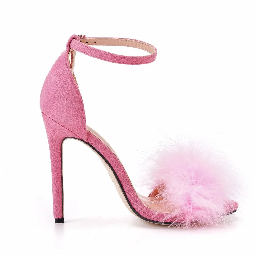 Sexy Feather High Heel Sandals Women's European  American Large 46 Fish Mouth High Heel Sandals Women Shallow Mouth Women's Shoe