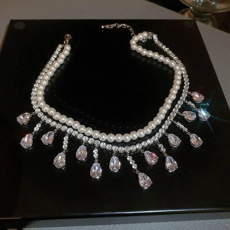 Collane girocollo di lusso con strass e cristalli per donna, collana a più strati con perle finte per feste e matrimoni, gioielli K-