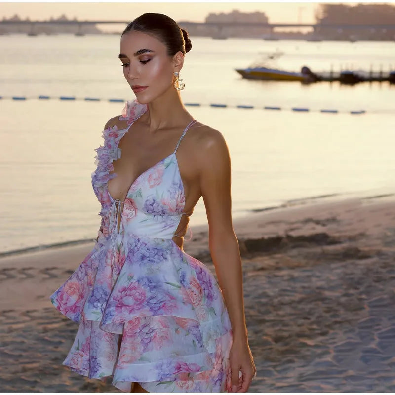 Donne Tie-dye 3D Fiore Con Scollo A V Completa Senza Maniche Mini Abiti Moda Sottile Stampato Multi Pieghettato Abiti New Lady Holiday Wear