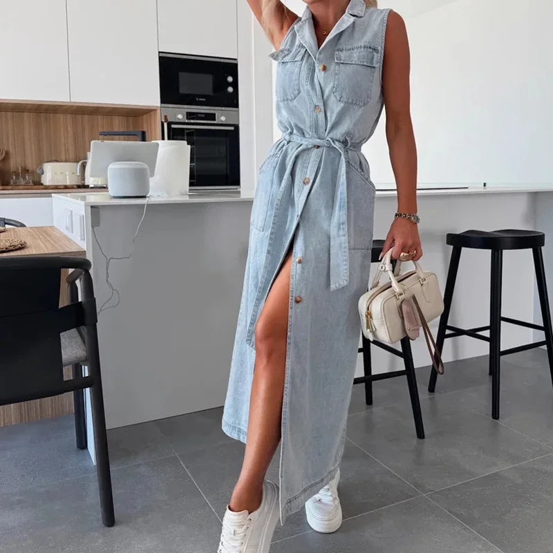 Abito elegante in denim solido con lacci e colletto in risvolto Abito lungo sottile con tasca senza maniche casual Abiti da festa in vita con bottoni alla moda da donna